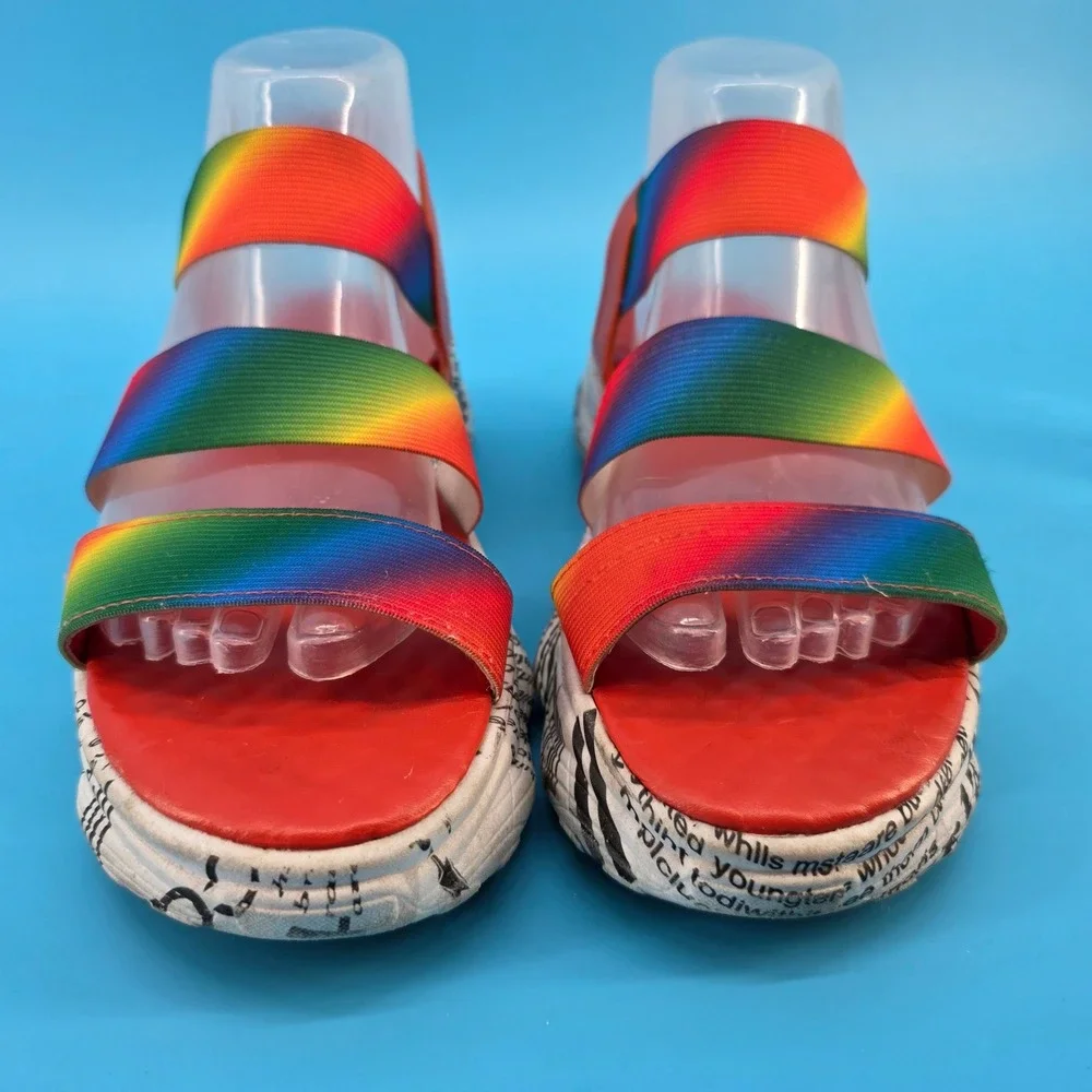 Rouge‎ Helium Rainbow Elastic Strap Newsprint Platform Sandals Red Womens 37.5